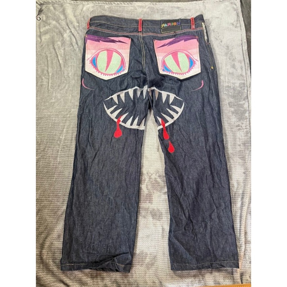Parish Nation Mens 42X31 Monster Eyes Shark Teeth Embroidered Denim Jeans Y2K.